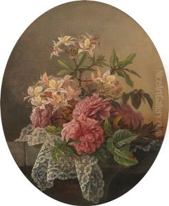 Flower Piece With Roses And Spray Of Blossom by Pauline Halmrecte Flechner