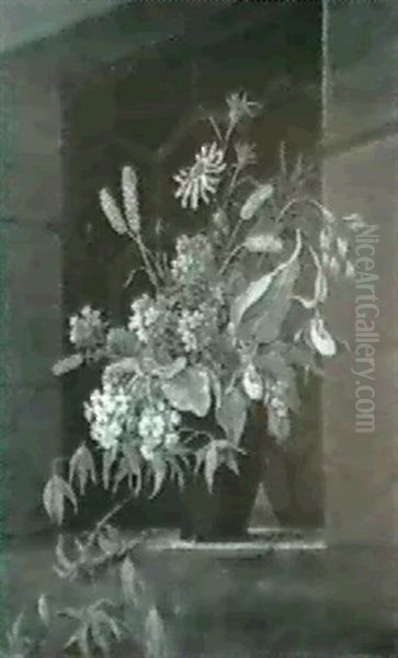 Weisenblumenstrauss In Einem Glas, In Einer Fensterleibung  Stehend. - view 1