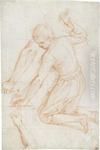 : Study Of A Kneeling Young Man, Raising A Hammer In His Left Hand, With Subsidiary Studies Of His Right And Left Arms - view 1
