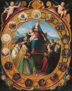 The Madonna Of The Rosary, With Saint Dominic And Other Saints,surrounded By Scenes From The Life Of The Virgin And Of Christwithin A Feigned Frame With Putti by Giovanni Balducci