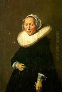 Portrait Of A Woman Wearing A Black Dress With Lace Cuffs, Holding Gloves by Frans Franszoon Hals the Younger