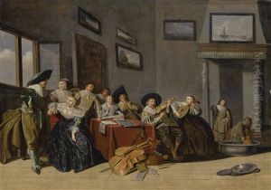 An Interior Scene With Cavaliers And A Group Of Ladies Playing Music Around A Table, With Two Figures Preparing To Serve Wine At The Right by Dirck Hals