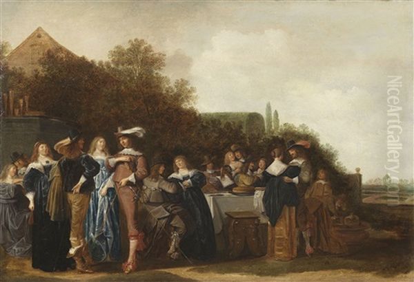 Hofische Gesellschaft Im Freien, Rechts Blick In Einen Barockgarten - view 1