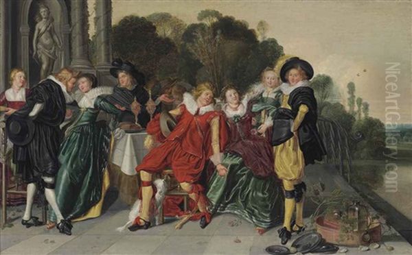 Elegant Figures By A Set Table On A Terrace, A Park Landscape With A Pond Beyond - view 1