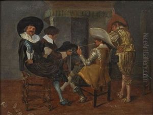 Vier Manner In Geselliger Runde Am Kamin by Dirck Hals