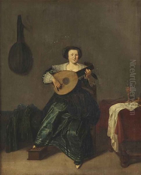 An Elegant Lady In A Green Dress Playing A Lute In An Interior - view 1