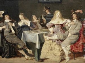 An Elegant Company Merrymaking In An Interior
