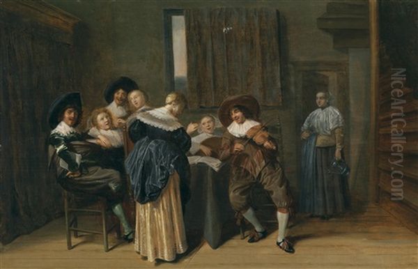 Interieur Mit Einer Frohlichen Gesellschaft Und Einem Geiger - view 1