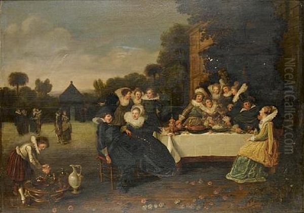 Elegant Figures In A Garden, Seated At A Banquet - view 1