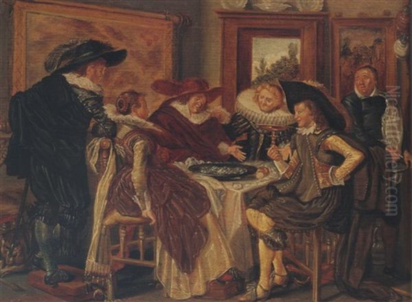 Interior With Elegant Figures Drinking And Eating Oysters - view 1