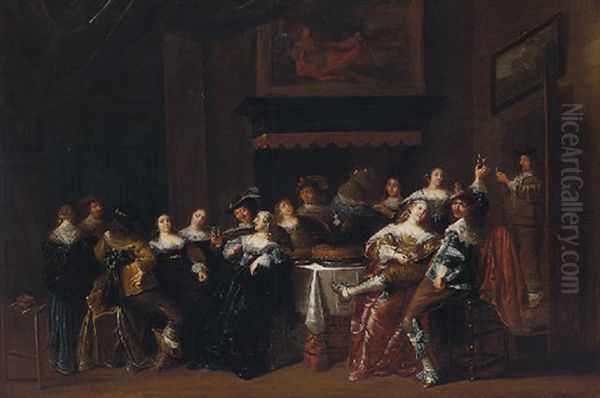 A Palatial Interior With An Elegant Party Merrymaking And Drinking Around A Table - view 1