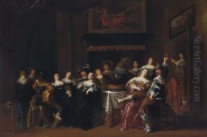 A Palatial Interior With An Elegant Party Merrymaking And Drinking Around A Table