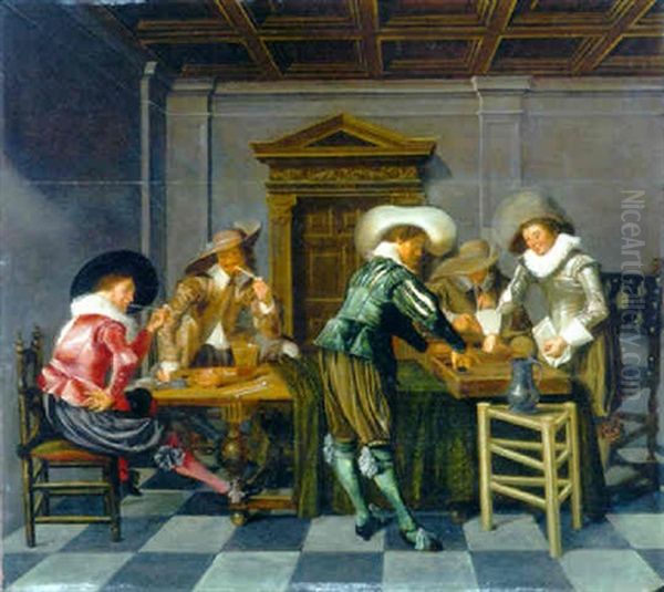 Elegant Figures Smoking, Drinking And Playing Tric-trac At Two Tables In An Interior - view 1