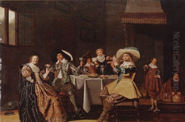 An Interior With Elegant Figures Drinking And Making Music - view 1