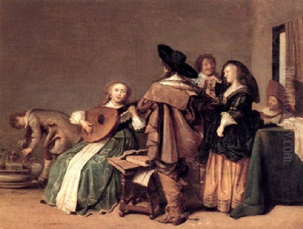 An Elegant Company Drinking And Making Music In An Interior - view 1