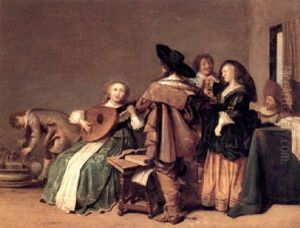 An Elegant Company Drinking And Making Music In An Interior by Dirck Hals