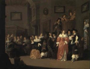 Elegant Figures Gaming And Dancing To Music Played In Boudoir Gallery by Dirck Hals