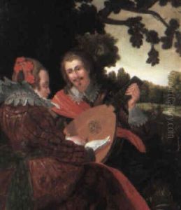 Landscape With A Couple Making Music And A Hunting Party Beyond by Dirck Hals