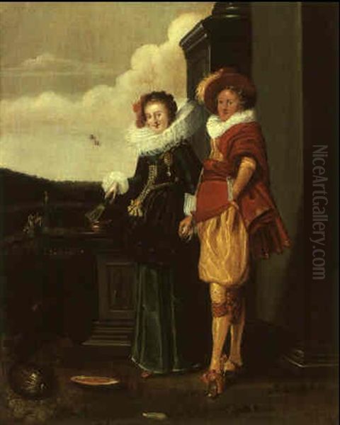 Elegant Couple Setting Out For A Promenade In A Garden - view 1