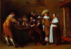 Elegante Gesellschaft Bei Der Unterhaltung Vor Einem Offenen Kaminfeuer by Dirck Hals