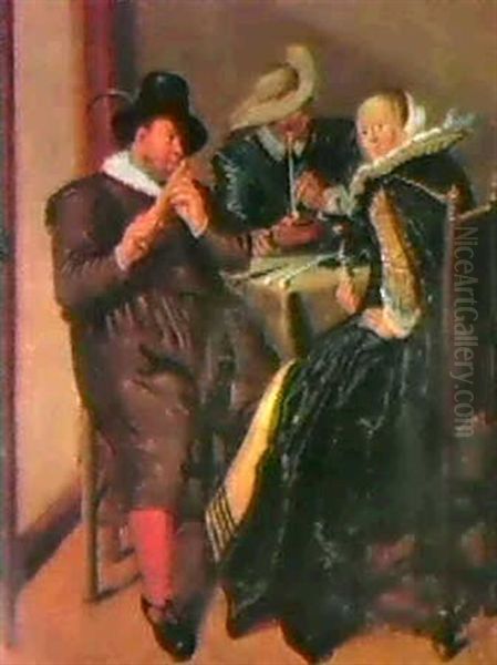 Elegant Companies Smoking, Drinking And Music Making In     Interiors. - view 1