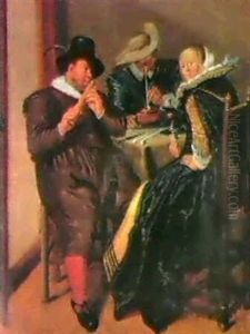Elegant Companies Smoking, Drinking And Music Making In Interiors. by Dirck Hals
