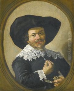 Portrait Of Gentleman With A Moustache, Half-length, Wearing A Black Broad-rimmed Hat And A White Ruff, Holding A Pair Of Gloves by Frans Hals