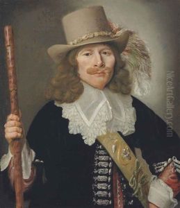 Portrait Of A Man, Half-length, In A Black Frock With Embroidered Frogging, A Sash, A Lace Collar And A Plumed Hat, Holding A Staff