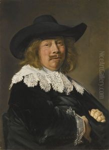 Portrait Of A Gentleman, Half-length In Black With Lace Collar And Cuffs, And Wearing A Broad-brimmed Black Hat by Frans Hals