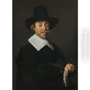 Portrait Of A Man, In Black, Wearing A Hat And Holding A Pair Of Gloves by Frans Hals