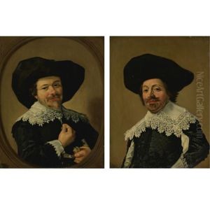 Portrait Of A Man Pulling On The Tassels Of His Collar (+ Portrait Of A Man With A Broad-brimmed Hat; Pair) by Frans Hals