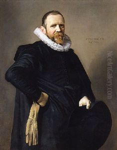 Portrait Of A Gentleman Wearing A Black Costume, A Lace Ruff, And Holding A Hat And Gloves