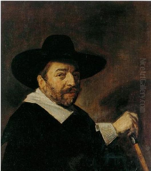 Portrait Of A Man Dressed In Black With A White Collar And Cuffs And Holding A Silver-topped Cane - view 1