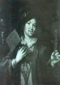 A Jester, Standing, Half Lengtin Green Costume, Holding A   Sheet Of Music And Raising Hisglass, A Cat Watching Beyond.
