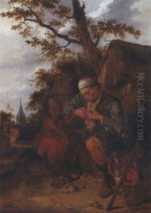 Peasants Seated Outside A Farmhouse by Harmen Hals