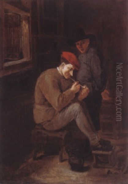 A Peasant Interior With A Boor Lighting His Clay Pipe, Another Figure Standing Behind Him - view 1