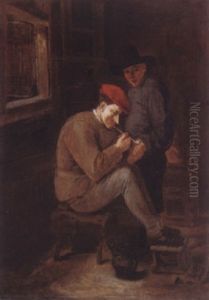 A Peasant Interior With A Boor Lighting His Clay Pipe, Another Figure Standing Behind Him by Harmen Hals