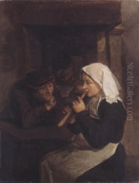 An Interior With Peasants Singing And A Woman Playing A Recorder Before A Fireplace - view 1