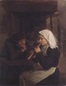 An Interior With Peasants Singing And A Woman Playing A Recorder Before A Fireplace by Harmen Hals