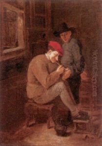 A Peasant Interior With A Man Lighting A Clay Pipe, Another Figure Standing Beside Him by Harmen Hals