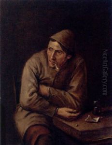 An Interior With A Man Seated At A Table, Smoking A Clay Pipe