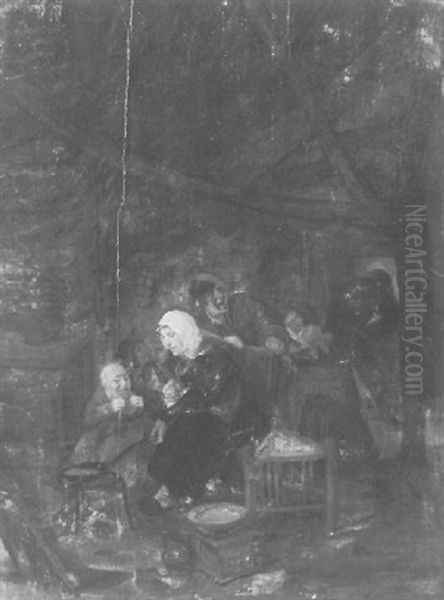 A Cottage Interior With Peasants Gathered Around A Woman Cooking On An Open Hearth - view 1
