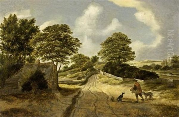 A Dune Landscape With A Sportsman And His Dogs On A Path Near A Cottage - view 1
