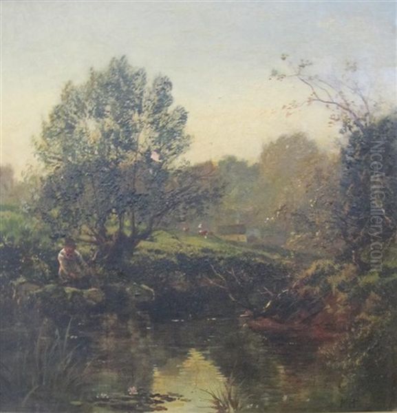 A Tranquil River Landscape With An Angler Fishing - view 1