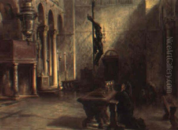 Interior Of St. Mark's, Venice, With A Woman Praying Before A Crucifix - view 1
