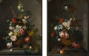 Two Still Lifes With Flowers In Sculpted Bronze Urns, Each Set Within A Stone Niche And Beside A Bunch Of Grapes