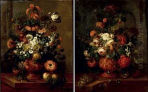 Bouquet De Fleurs Dans Un Vase De Terre (+ Nid D'oiseaux, Grappe De Raisins Sur Un Entablement; Pair) by Johann Baptist Halszel