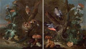 Stilleben Mit Vogeln Und Pilzen (+ Another; Pair) by Johann Baptist Halszel