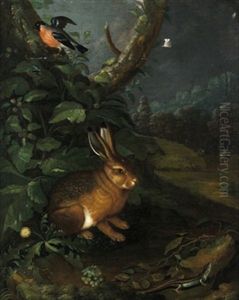 Ein Hase, Ein Dompfaff Und Eine Eidechse In Einem Waldgrund by Johann Baptist Halszel