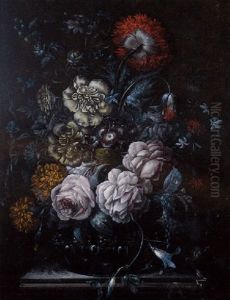 Vase De Fleurs - Roses, Primeveres, Pivoines, Oeillets Et Volubilis... Dans Un Vase Pose Sur Un Entablement by Johann Baptist Halszel